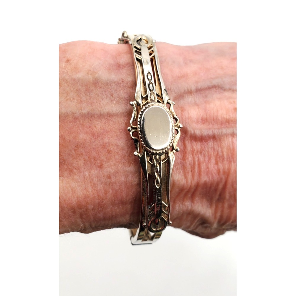 Vintage ID Bracelet Art Nouveau Style Ornate Openwork Gold Tone 7"